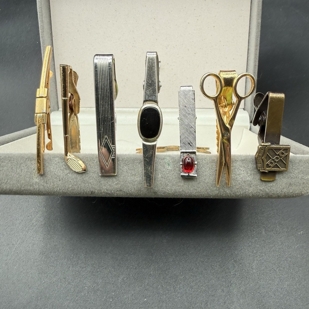 Vintage Lot 7 Tie Clips Assorted Swank Hickok Anson Gold Silver Mens Jewelry
